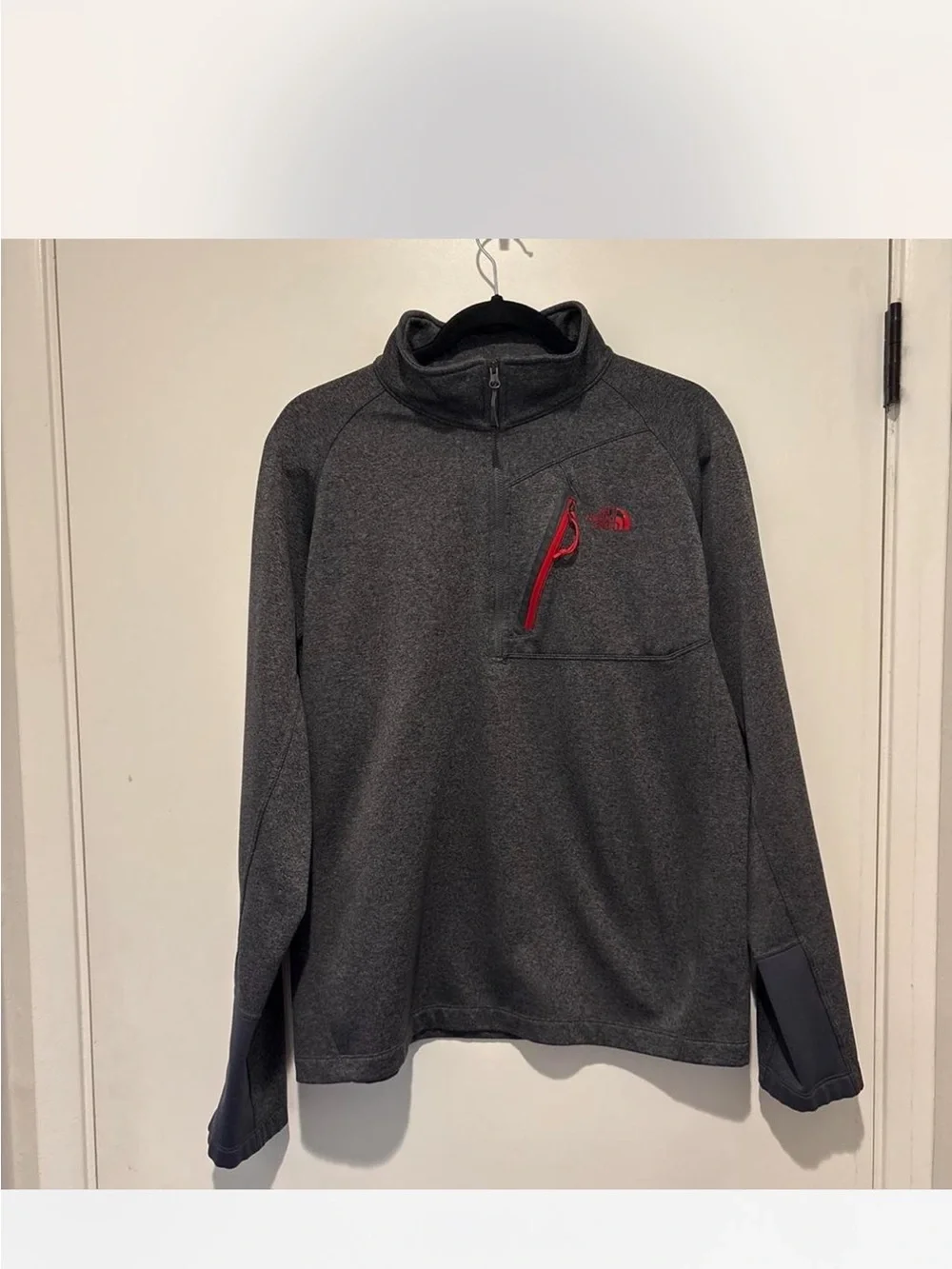 The North Face Men's Dark Heather Gray Half-Zip Pullover with Red Accents